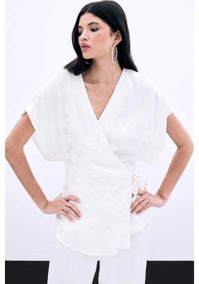 Sateen Bağlamalı Jakarlı Saten Bluz - Ekru-136026 Ekru