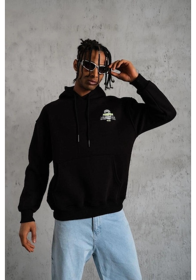 Barlashive Erkek Baskılı Kapüşonlu 3 İplik Pamuklu Hoodie Sweatshirt - Siyah Çok Renkli