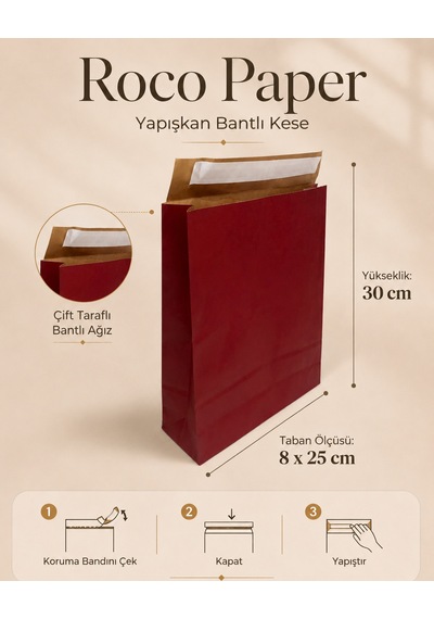 Yapışkan Bantlı Kraft Kese Kağıdı, Bordo, 25x8x30 Cm - 24'lü Paket, Hediye Ve Kargo Zarfı