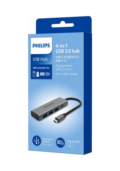 Philips SWR5041/00 USB-C 4'ü 1 Arada USB 3.0 Hub, 3x USB-A + 1x USB-C, 5Gbps Veri Aktarımı, Plastik Gövde