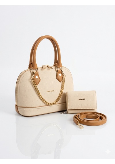 Just Polo Kadın Zincir Detaylı Lüks El & Omuz Çantası Ve Cüzdanı Kombin Shopper Ebat : 25x22 Cm Krem - Camel