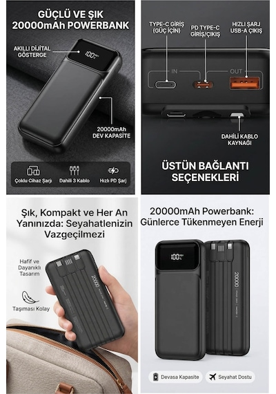 20000 Mah 22.5w Turbo Şarj Dahili Kablolu Dijital Led Göstergeli Pd Ve Qc 3.0 Powerbank Mt4320 Siyah