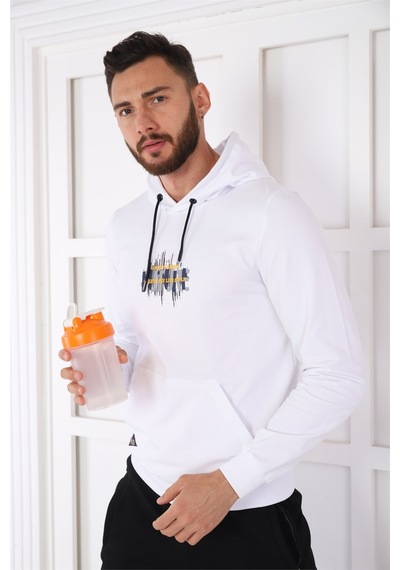 Escetic Spor Erkek Beyaz Cepli, Kapüşonlu Sweatshirt-4163