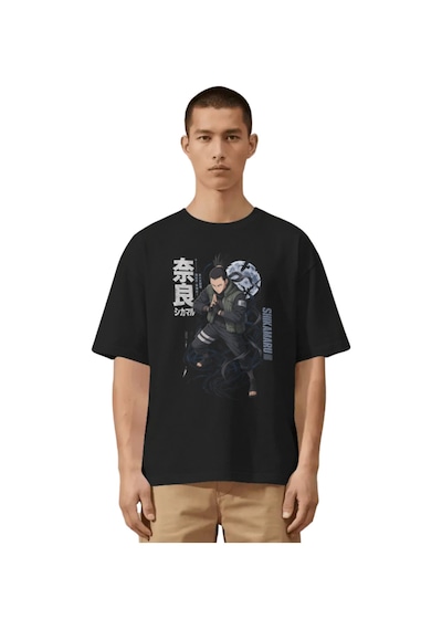 Unisex Oversize Shikamaru Nara Naruto Anime Karakter Ön Baskılı P Siyah