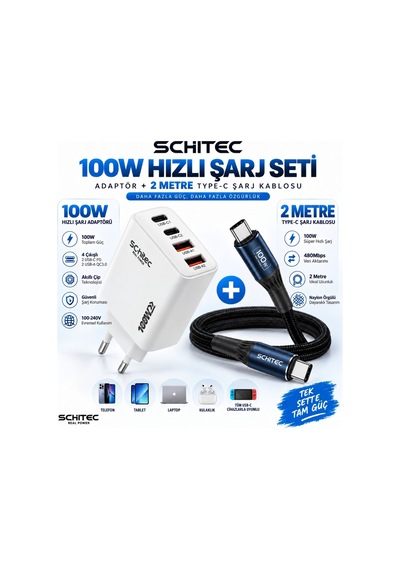 Schitec 100w 4 Çıkışlu Hızlı Şarj Başlığı Ve 100w Type-c To Type-c Süper Hızlı Şarj Kablosu