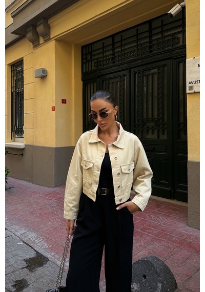 Bej Çift Cep Denim Crop Ceket Bcdf-255419 Çok Renkli