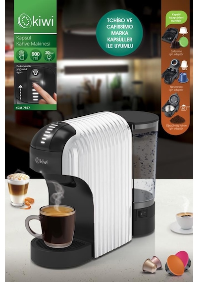 Kiwi Kcm-7597 Multikapsül Kahve Makinesi Beyaz Nespresso / Tchibo / Toz Kahve İle Uyumlu Beyaz