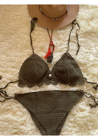 İvita Koyu Yeşil Taş Detaylı Çok Tarz El Yapımı Tığ Örgüsü Bikini Koyu Yeşil