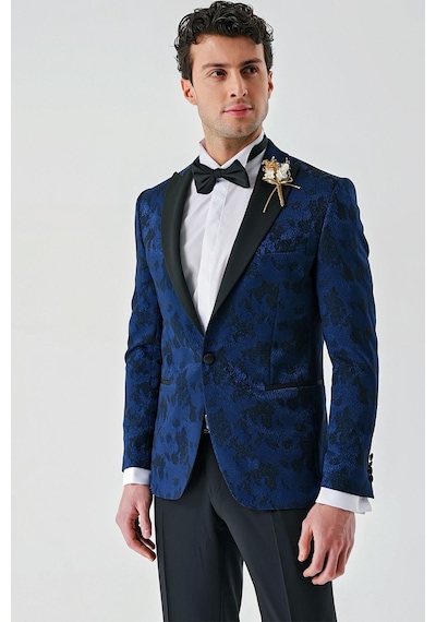 İmza Koyu Lacivert Çıkarılabilir Kırlangıç Yaka Likralı 6 Drop Slim Fit Smokin Damatlık 1001240204-Koyu Lacivert