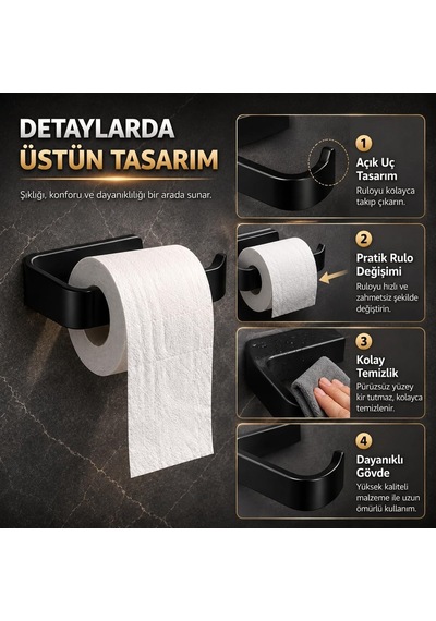 Alper Banyo Siyah Lamalı Tuvalet Kağıtlığı, Hem Yapışkanlı Hem Vidalı Montajlı Wc Kağıt Askılığı, Açı Diğer