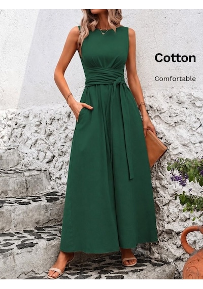 Efnaz Style Kadın Omuzlardan Açık Belden Bağcıklı Uzun Aerobin Elbise Zümrüt