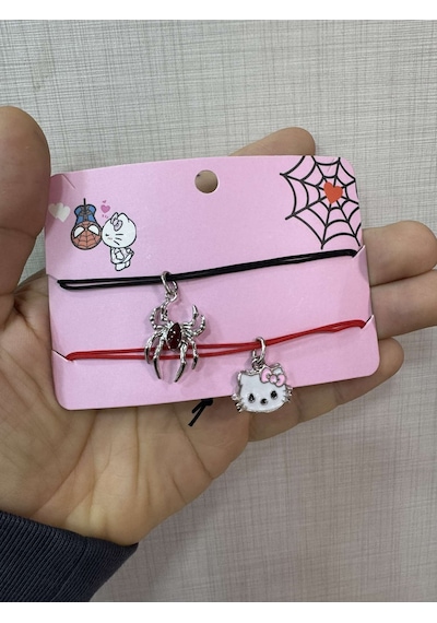 Hello Kitty Örümcek Adam İkili Çift Renkli Tasarım 925 Ayar Gümüş Renkli