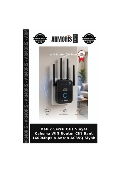 Delux Serisi Ofis Sinyal Çalışma Wifi Router Çift Bant 1600mbps 4 Anten Ac35q Siyah