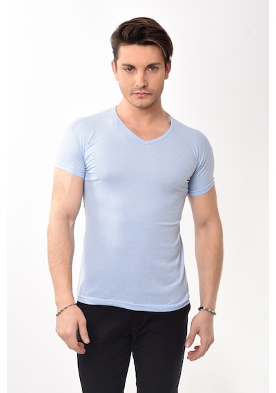 V Yaka Basic Slim Fit Erkek Tişört T-Shirt 10 Renk