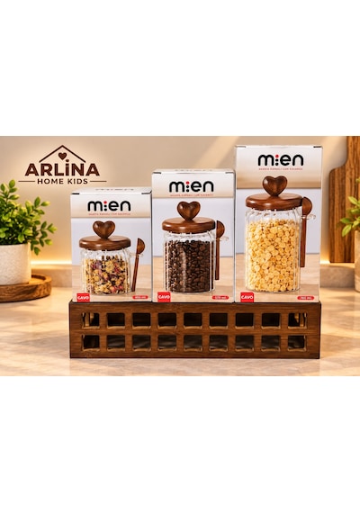 460 Ml + 570 Ml + 760 Ml Ahşap Standlı Cam Kavanoz Seti Şeffat Cam - Akasya Ahşap Kapak