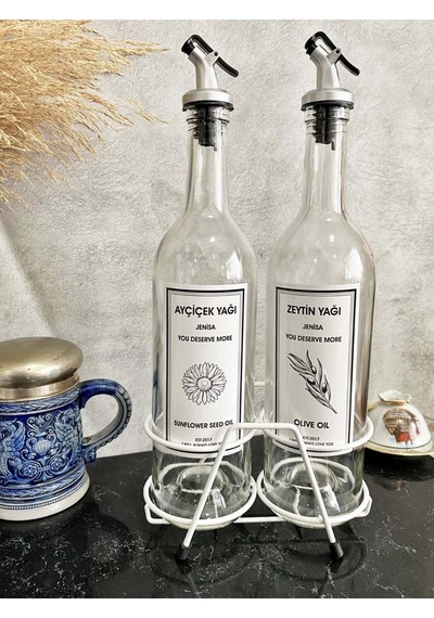 Beyaz Standlı Akıtıcılı Şeffaf 750 Ml Beyaz Etiketli Yağlık Yağda