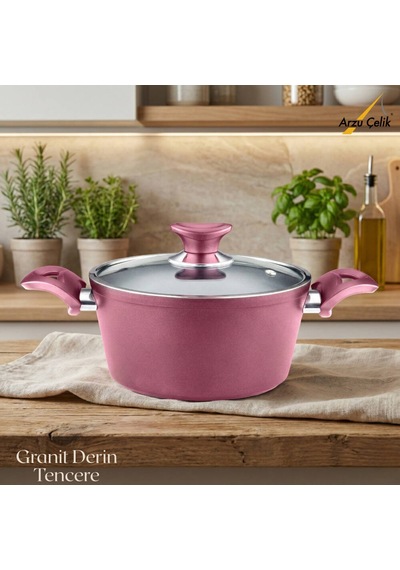 24 Cm Granit Derin Tencere Cam Kapak - Mürdüm Mürdüm