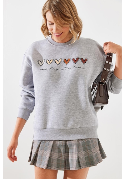 Shade Kadın Üç İplik Şardonlu Renkli Kalp Baskılı Sweatshirt Mbhs007 60601007 - Gri Melanj