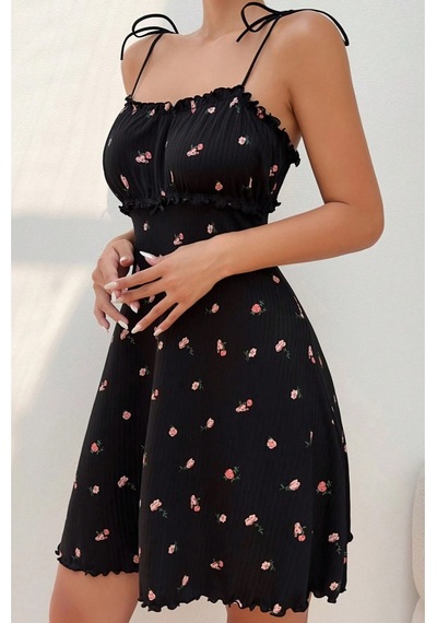 Bella Notte Romantik Baskılı Fitilli Fırfırlı Gece Elbisesi Gecelik Siyah