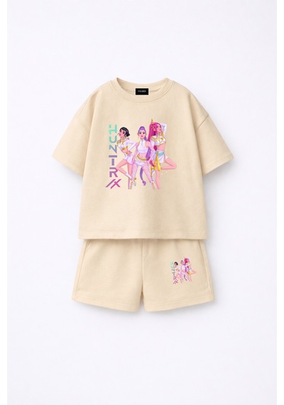 Fasardi Kpop Demon Hunters Huntrix Zoey Rumi Mira Baskılı Oversize %100 Pamuk Tişört Şort Çocuk Takım Bej