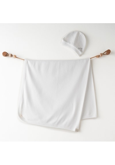 Erkek Bebek Battaniye Şapka Takım Blanket Hat Set 85x90 CM Beyaz
