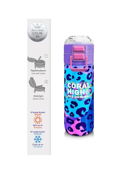 Coral High Kids Mor Leopar Desenli Pipetli Ve Direkt İçim Çelik Termos 500 Ml 31846 Mor - Mavi