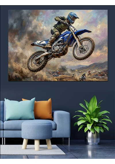 Havada Süzülen Modern Motosiklet Sürücüsü Dekoratif Kanvas - Mdf Ahşap Tablo