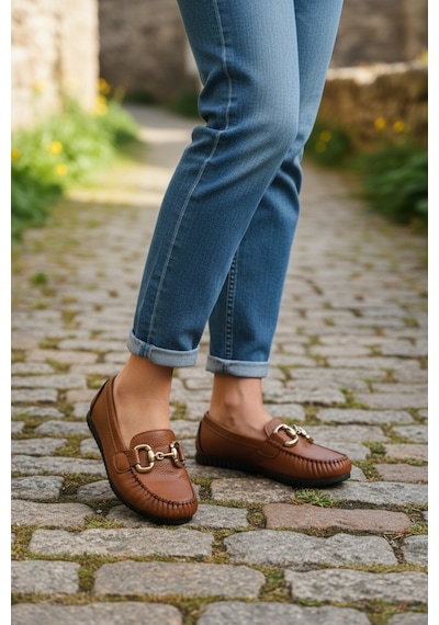 Dosa Shoes Kadın Babet Taba Zincir Tokalı Hafif Rahat Taban Şık Günlük Ayakkabı Taba