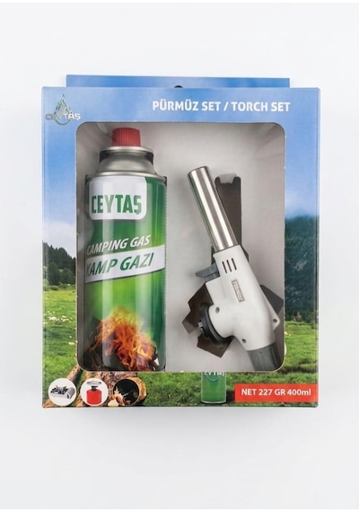 Ceytaş Otomatik Ateşlemeli Pürmüz Seti + 227 Gr Kamp Gazi Kartuşu 400 Ml - Mangal Tutuşturucu, Mutfak & Karavan Gazlı Torç Seti Şeffaf