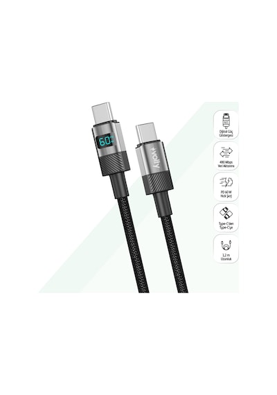Type C Hızlı Şarj Kablosu Type-c To Type-c, 60w, 480mbps, 1.2m, Pd, Dijital Ekran V0201005