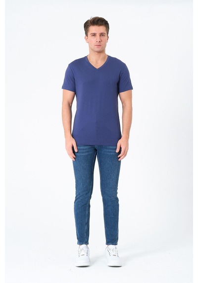 Rich Erkek V Yaka %100 Pamuk Kısa Kollu Lacivert T-shirt Basic Erkek Tişört Lacivert