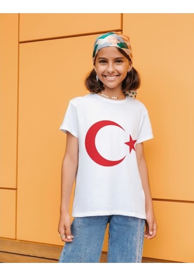Alpşan Ticaret Ay Yıldız Tişört Türk Bayrağı Tişört 29 Ekim Ay Yıldız Baskılı Çocuk T-shirt Beyaz