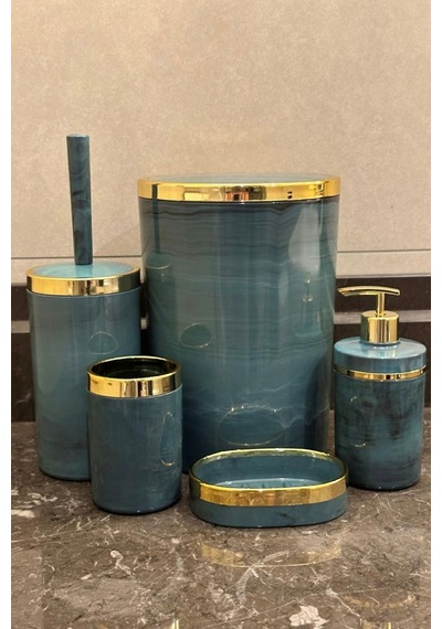 Makri Home Banyo Seti 5'li,akrilik-çöpkovası,wc Fırçalık,sıvı Sabunluk,diş Fırçalık,el Sabunluk,gold Renk Detay Yeşil