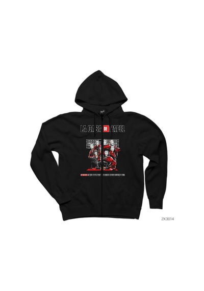 La Casa De Papel Team Siyah Fermuarlı Kapşonlu Sweatshirt Siyah