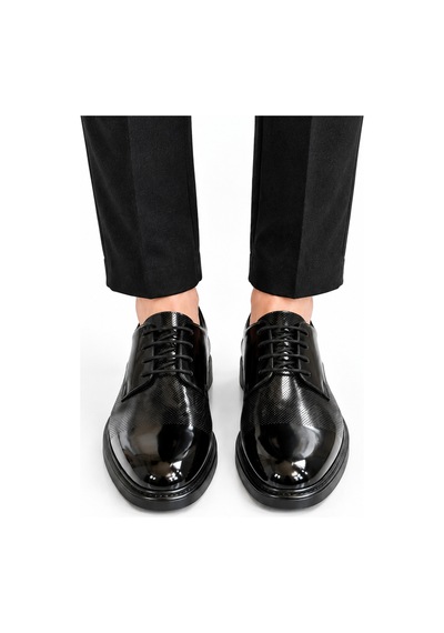 Yalçın Shoes Erkek Siyah Parlak Suni Deri Bağcıklı Klasik Ayakkabı Dokulu Ön Yüzey, Kalın Taban Damatlık Ayakkabı Siyah - 933653717 Siyah
