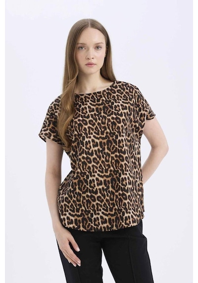 DeFacto Regular Fit Leopar Desenli Bisiklet Yaka Kısa Kollu Bluz E7038AX25SPBG150