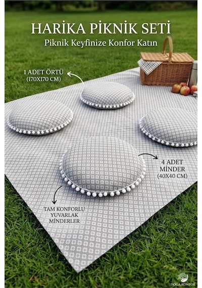 Su Geçirmez Piknik Örtüsü Ve Minder Seti 170x170 Cm Örtü 4 Adet Yuvarlak Ponponlu Minder Çok Renkli Su Geçirmez Piknik Örtüsü Ve Minder Seti 170x170 Cm Örtü 4 Adet Yuvarlak Ponponlu Minder Çok Renkli