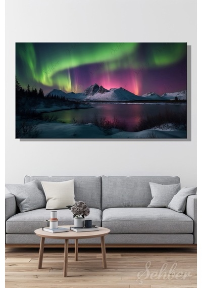 Kanvas Tablo Panoramik Yatay Tekli Ev Kafe Ofis Alaska Dağları Kuzey Işıkları Manzarası 2370