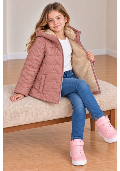 Dublino Kids Kız Çocuk Kapüşonlu Su Ve Rüzgar Geçirmez Nakışlı Mont Koyu Pudra