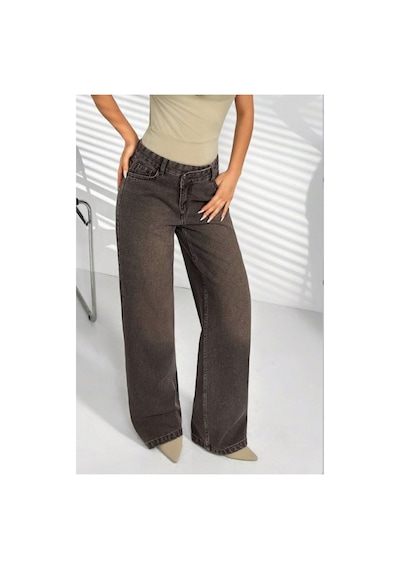 Kene Jeans Ön Asimetrik Kahverengi İşlemli Bol Paça Kot Pantolon Kahverengi