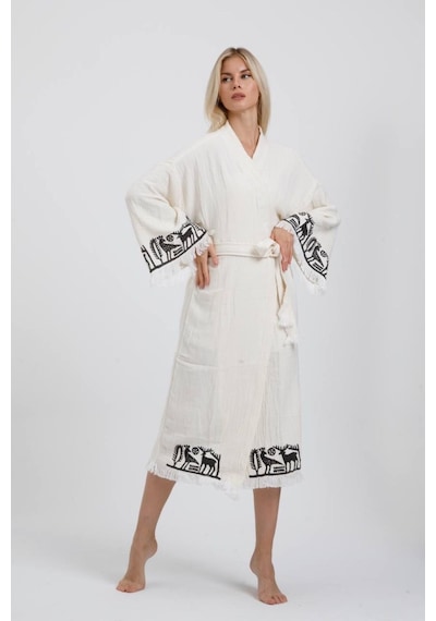 Befera Hitit Müslin Kimono Pamuklu Lotus Baskılı Desenli Bornoz Kaftan Sabahlık Ekru