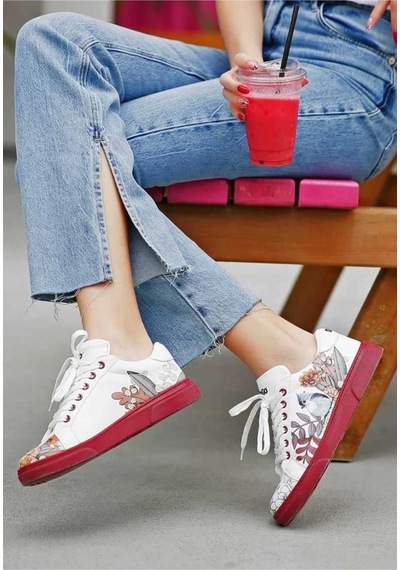 Kadın Vegan Deri Beyaz Sneakers - Magic In The Air Tasarım Beyaz - Bordo
