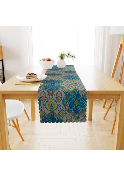 Damask Desenli Mavi Turkuaz Dijital Baskılı Süet Dokuma Runner 40x140