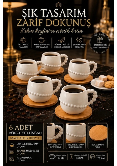 6 Kişilik 12 Parça Bambu Tabaklı Beyaz Porselen Kahve Fincan Takı