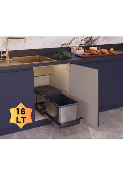 Cassone 16 Litre Kısa Eviye Altı Dolaba Uygun Dolap İçi Raylı Antrasit Paslanmaz Krom Çöp Kovası - Kapak Genişliği 40 Cm Antasit
