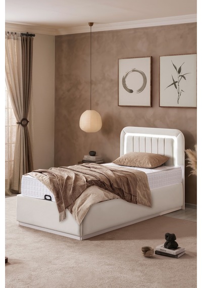 Demonte Baza Seti, Valens Ledli Tek Kişilik Baza Başlık Maxi Yatak Seti, Krem - 100x200 Cm 100 x 200