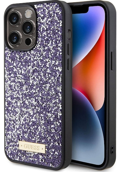 Apple Uyumlu iPhone 15 Pro Max Kılıf Guess Lisanslı Taşlı Arka Yüzey Metal Yazı Logolu Kapak Siyah