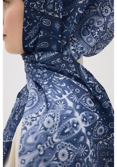 Mirsoy Scarf Eftelya Pamuk Etnik Desen Şal Lacivert