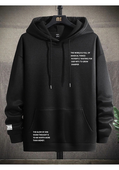 Startmore Manfinity Hypemode Slogan Graphic Kangaroo Pocket Drawstring Hoodie Siyah Siyah