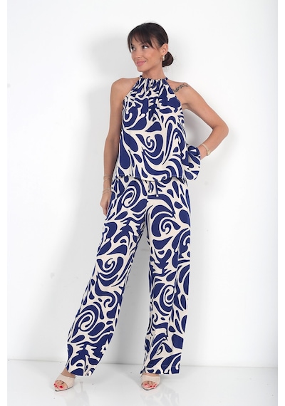 By Saygı Kadın Halter Yaka Bluz Beli Lastikli Cepli Palazzo Pantolon Desenli 2'li Takım Lacivert By Saygı Kadın Halter Yaka Bluz Beli Lastikli Cepli Palazzo Pantolon Desenli 2'li Takım Lacivert